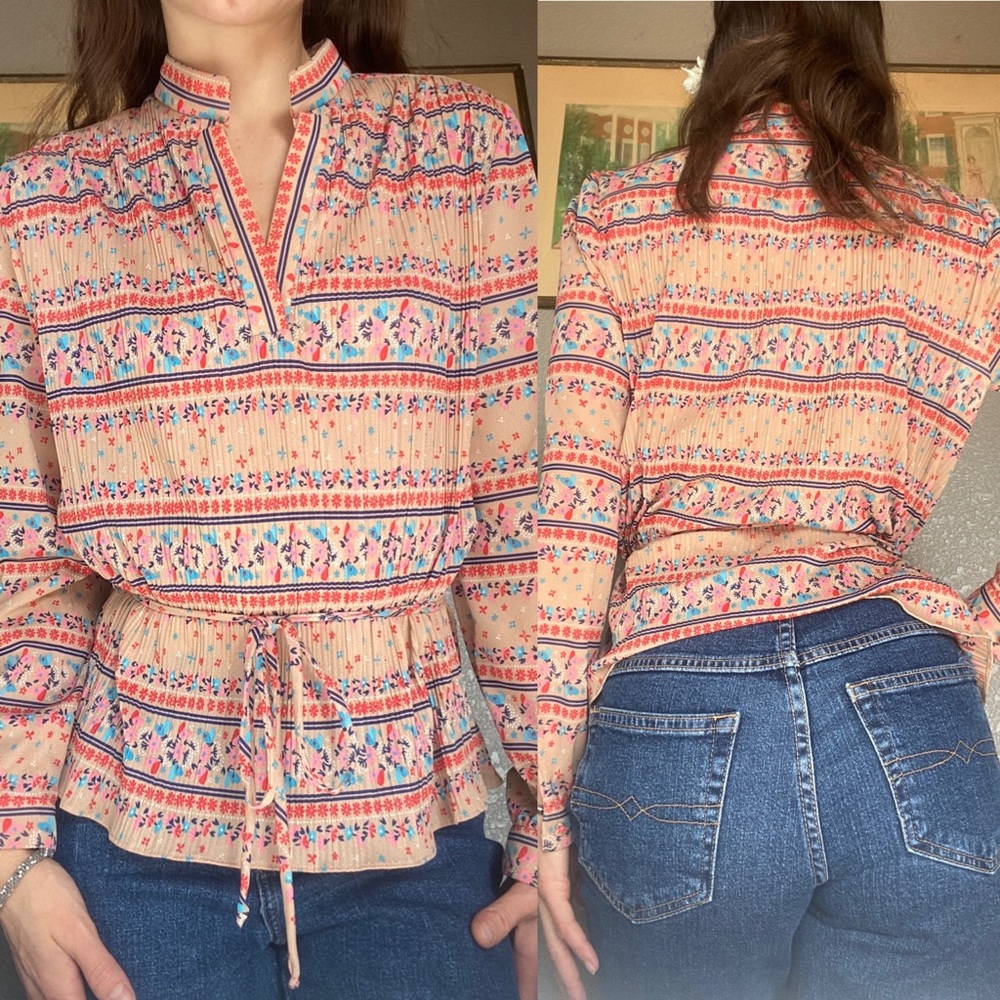 70’s Pink Floral Waist Tie Blouse by Hal Jerman